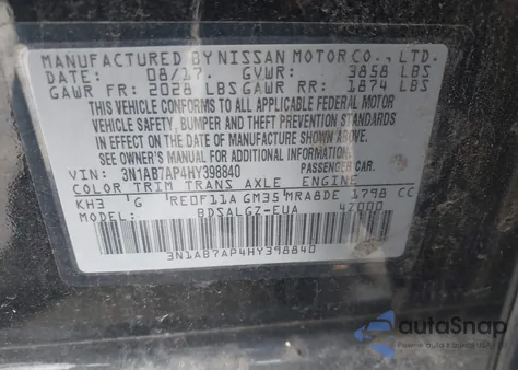 2017 Nissan Sentra Sl from USA, damaged, VIN 3N1AB7AP4HY398840